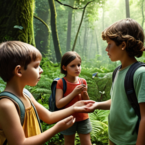 Home 4 A group of children are exploring a lush forest with a guide, smelling the earth, listening to birds, and touching leaves, embodying hands-on learning and ecological sensitivity.