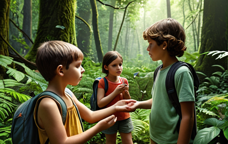 A group of children are exploring a lush forest with a guide, smelling the earth, listening to birds, and touching leaves, embodying hands-on learning and ecological sensitivity.